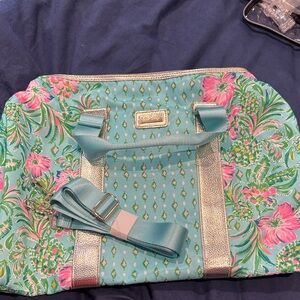 Lilly Pulitzer Aqua Pink Floral Tote with Metallic Trim